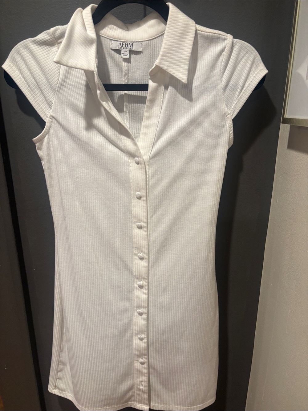 AFRM White Ribbed Short-Sleeve Button-Front Polo Dress Top